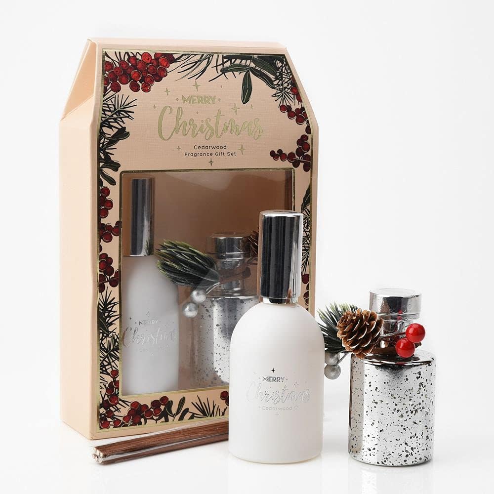 30ml Silver Diffuser and 80ml Room Spray Cedarwood Fragrance Gift Set