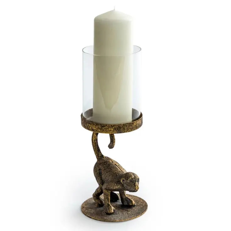 Antiqued Crouching Monkey Candle Holder with Glass Cover