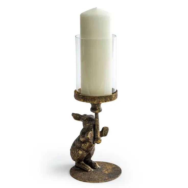 Antiqued Rabbit Candle Holder with Glass Cover