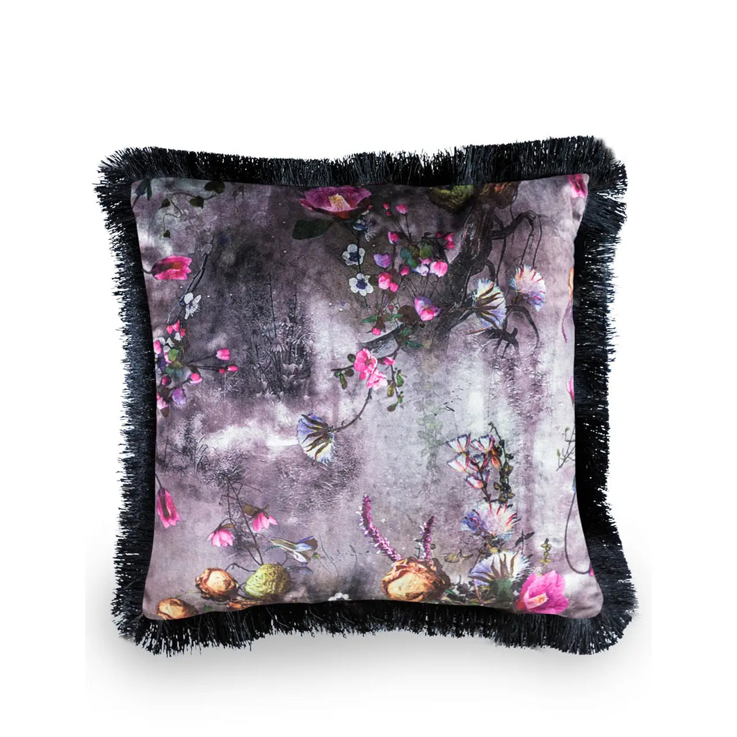 Boho Floral Velvet Cushion with Black Fringe Detail