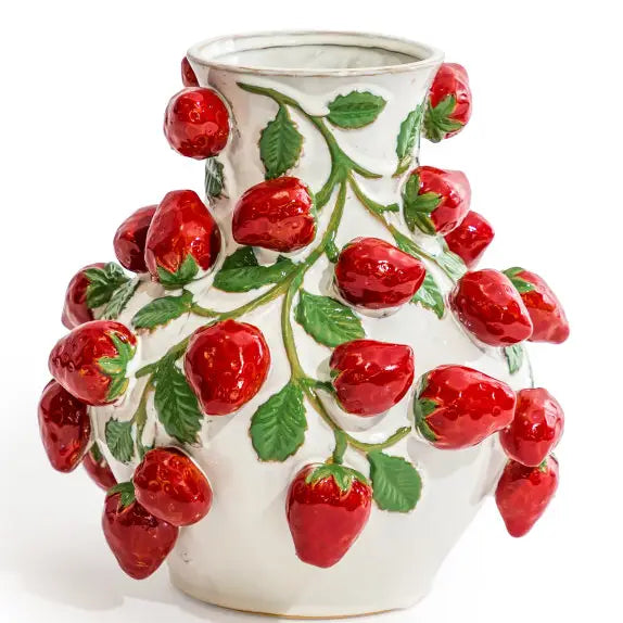 Hand Painted Ceramic Strawberry Vine Vase