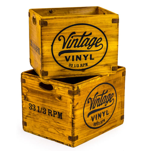 Set of 2 Antiqued Wooden Lp Record Storage Boxes