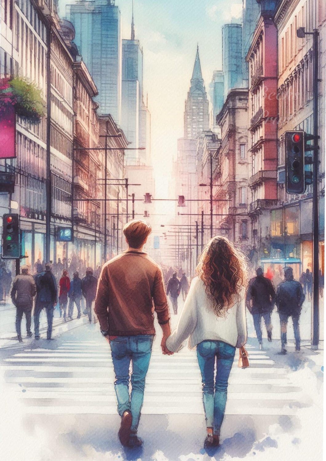 Watercolour Style Couple Walking Hand In Hand Down Busy Street Print