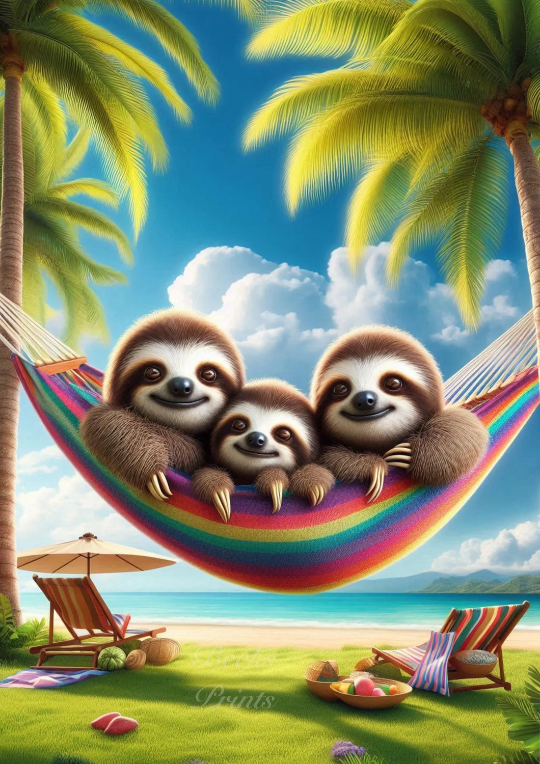 Three Sloths Chilling In A Hammock In Between Palm Trees Print