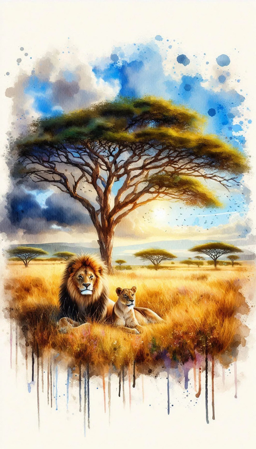 Watercolour Style Lions Under A Tree In The Safari Print