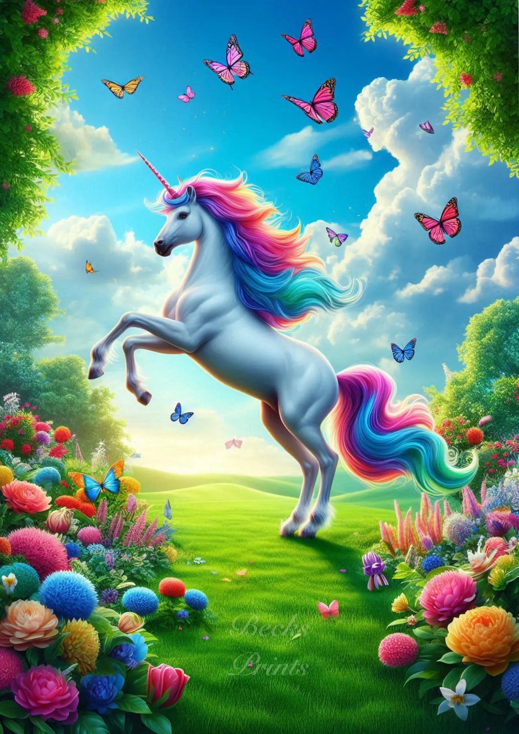 Multicoloured Unicorn Dancing In The Meadows Print