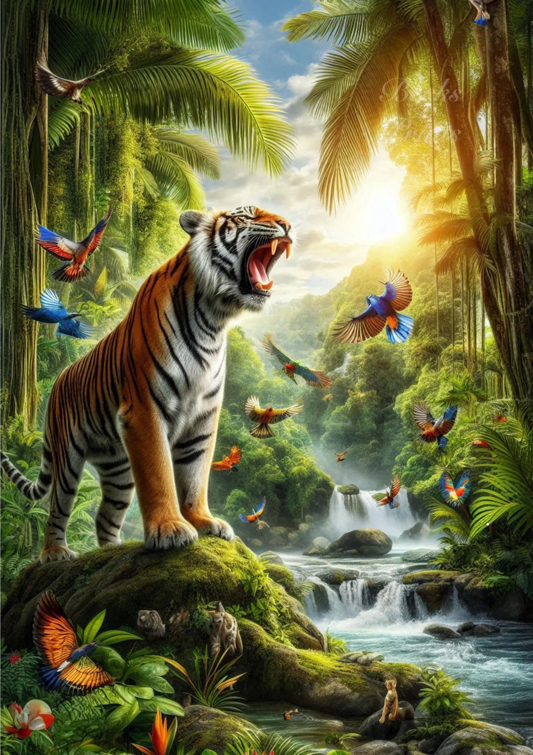 Roaring Tiger Surrounded By Birds By The Steam Print