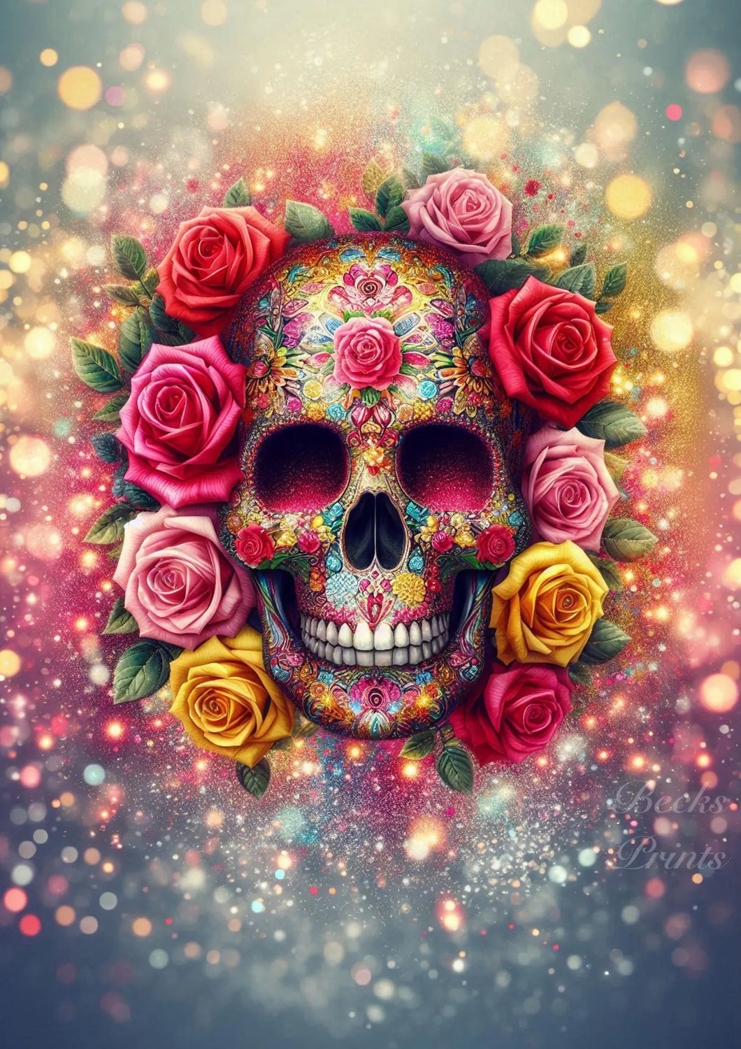 Bright Burst Of Roses With Skull Centrepiece Print