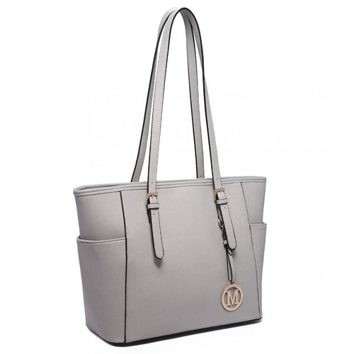 FAUX LEATHER ADJUSTABLE HANDLE TOTE BAG LIGHT GREY