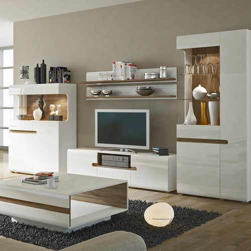 Chelsea Living Wide TV Unit in white with an Truffle Oak Trim