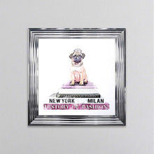 Load image into Gallery viewer, Pug On A Pink Bookstack Framed Wall Art
