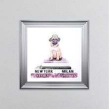 Load image into Gallery viewer, Pug On A Pink Bookstack Framed Wall Art
