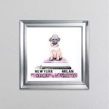 Load image into Gallery viewer, Pug On A Pink Bookstack Framed Wall Art
