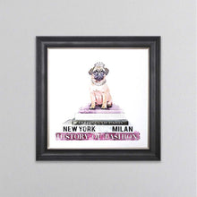 Load image into Gallery viewer, Pug On A Pink Bookstack Framed Wall Art
