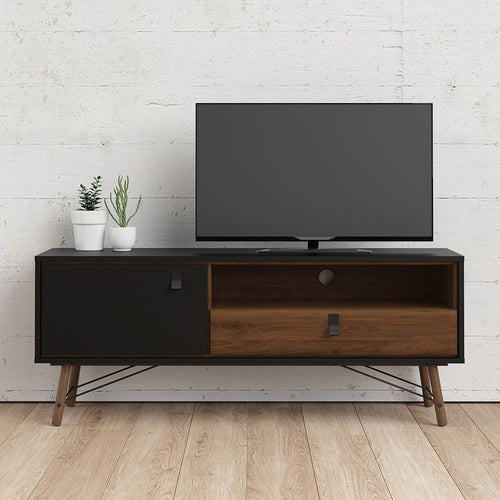 Ry TV-unit 1 door + 1 drawer in Matt Black Walnut