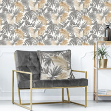 Load image into Gallery viewer, Grey And Gold Wild Palm Leaves Feather Filled Cushion
