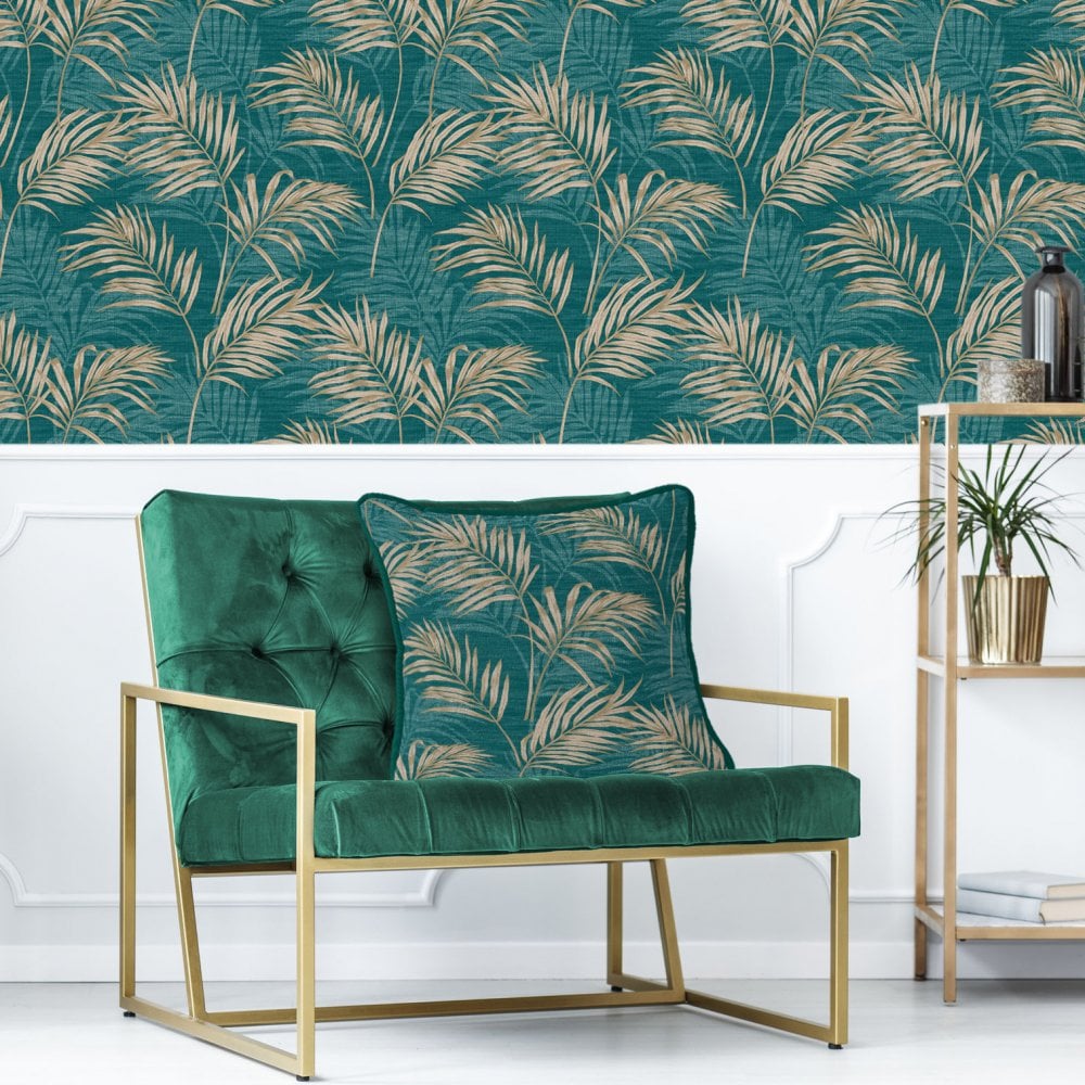 Teal & Gold Palm Feather Filled Cushion 55*55cm